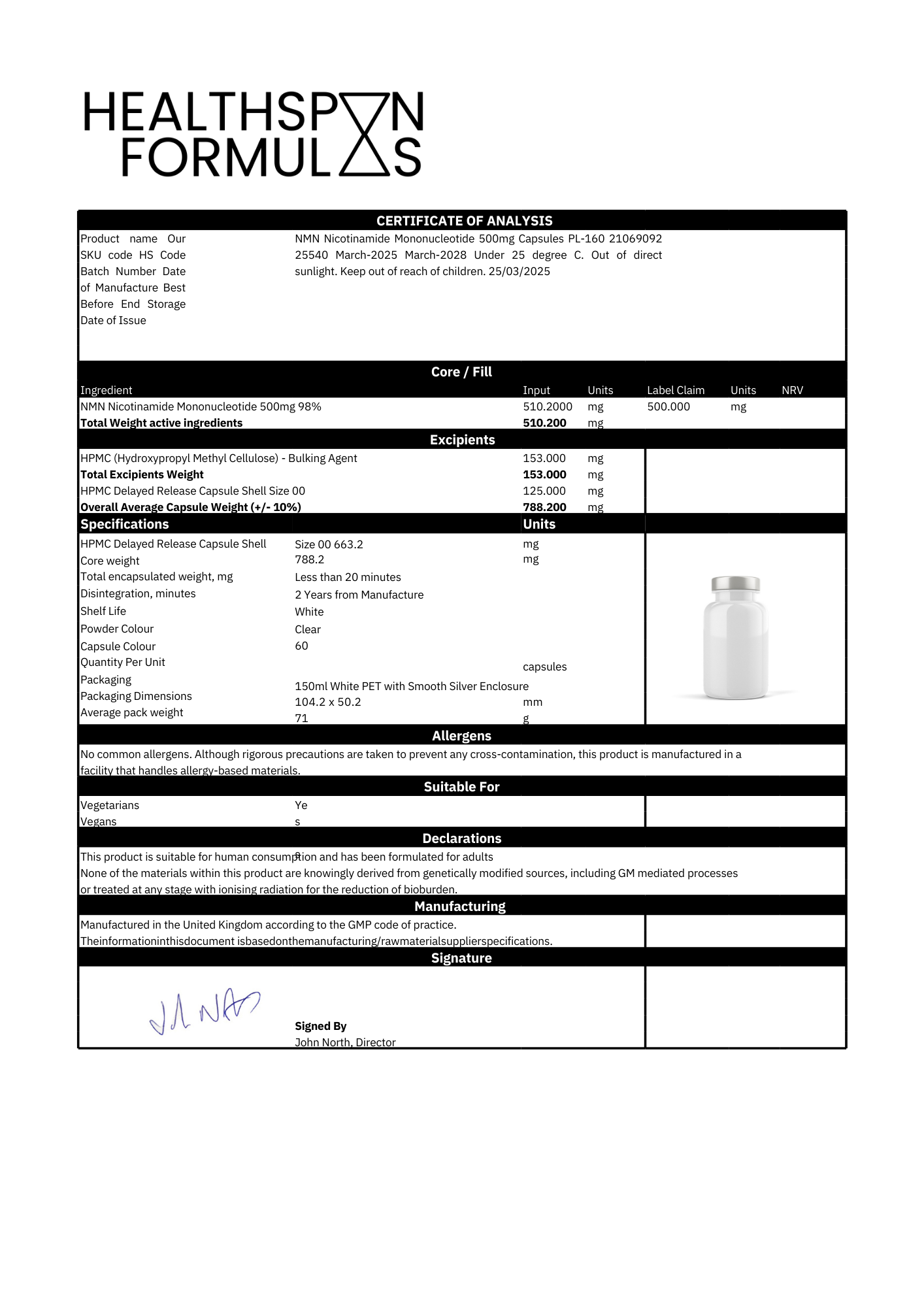 The certificate of analysis of our NMN product confirming pharmaceutical grade purity